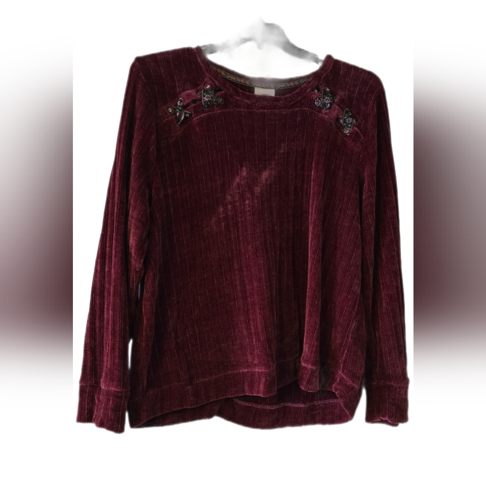 Knox Rose Sweater Womens XXL Red Velour Ribbed Long Sleeve Lace Up Accent Top